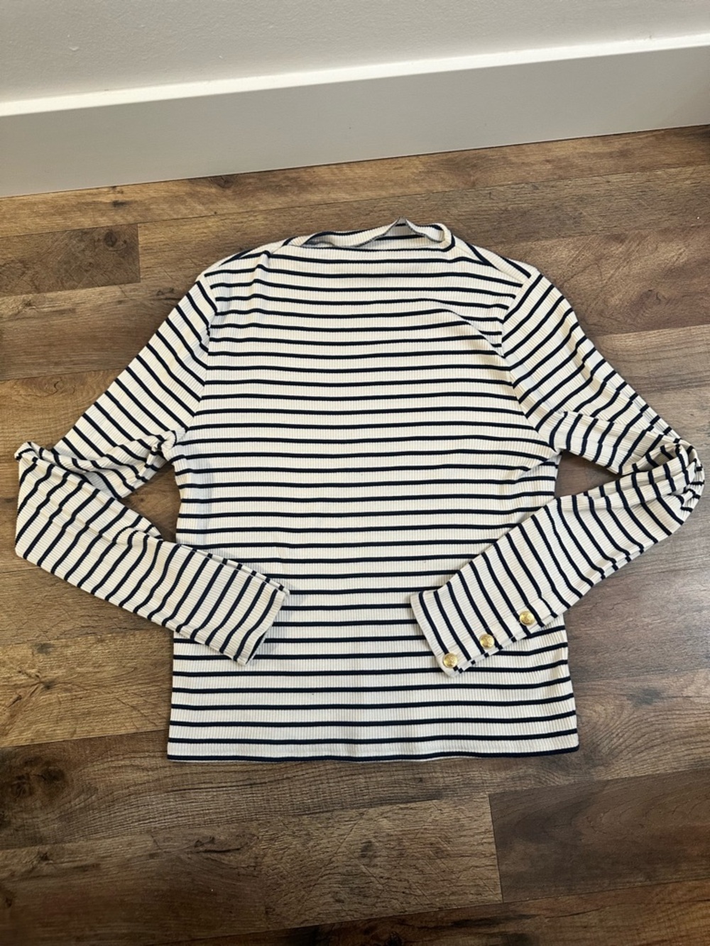 J.Crew Navy & Ivory Breton Stripe Top Sweater XL Gold Button Sleeve Parisian